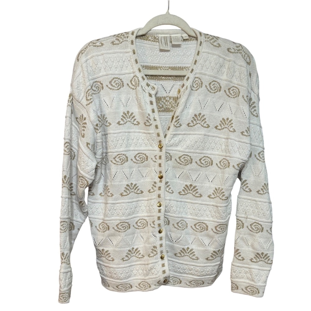 Vintage Cream Gold Metallic Knit Button Cardigan Sweater Sz M Grandma Core